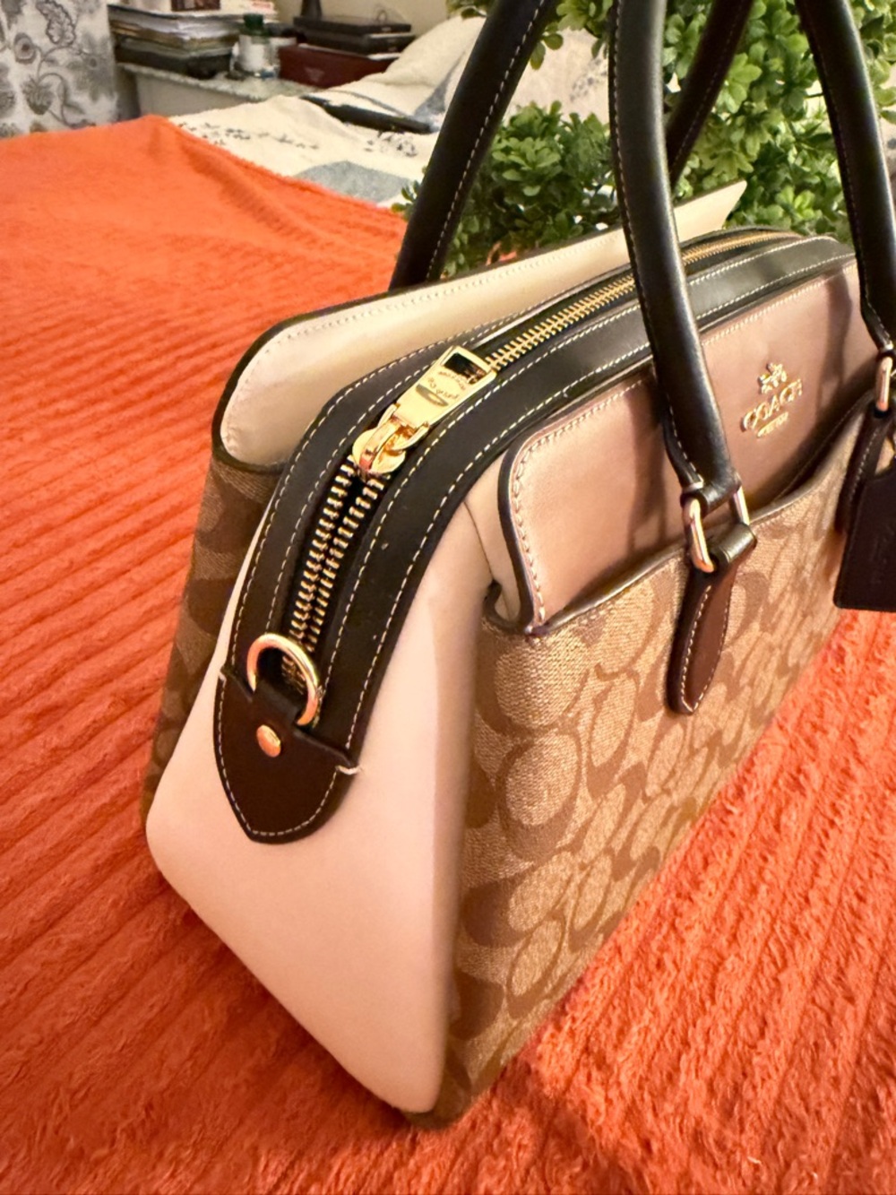 Coach Brown Signature Canvas Satchel with Black Trim - Picture 5 of 16